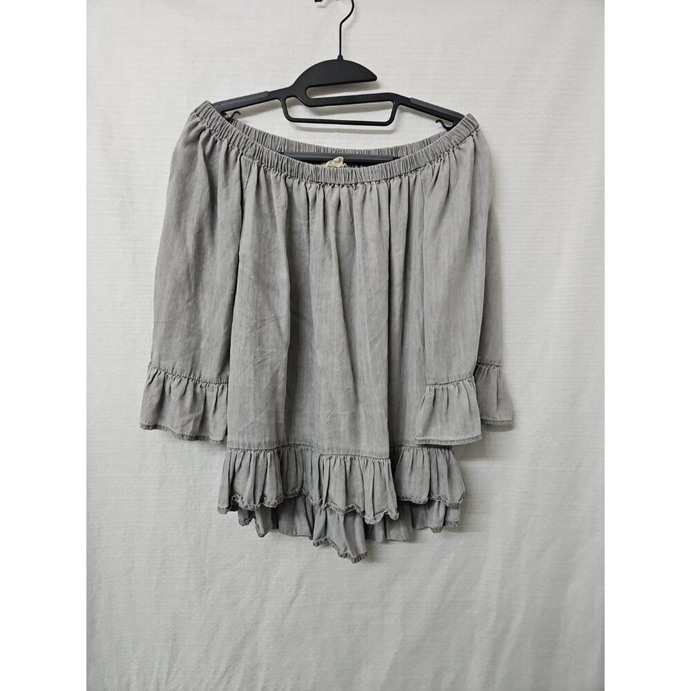 Jane and Delancey Womens Med Grey Off Shoulder 3/4 Sleeve Hi Low Ruffle Peasant